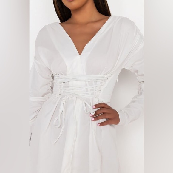 Akira stick with me mini dress, white mini shirt dress with lace up waist design - Picture 4 of 10